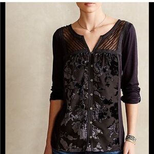 Meadow Rue Anthropologie Black Velvet Button down top L
